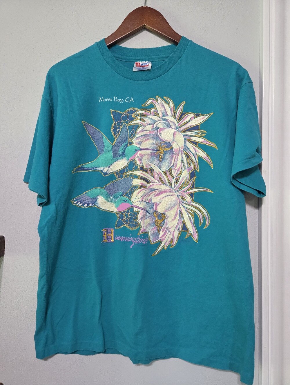 Vintage Hanes Morro Bay, Ca Teal Hummingbird Graphic T-shirt Women's Size Large